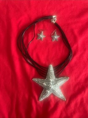 Silver Starfish Pendant Necklace with Matching Earrings - Women's Jewelry